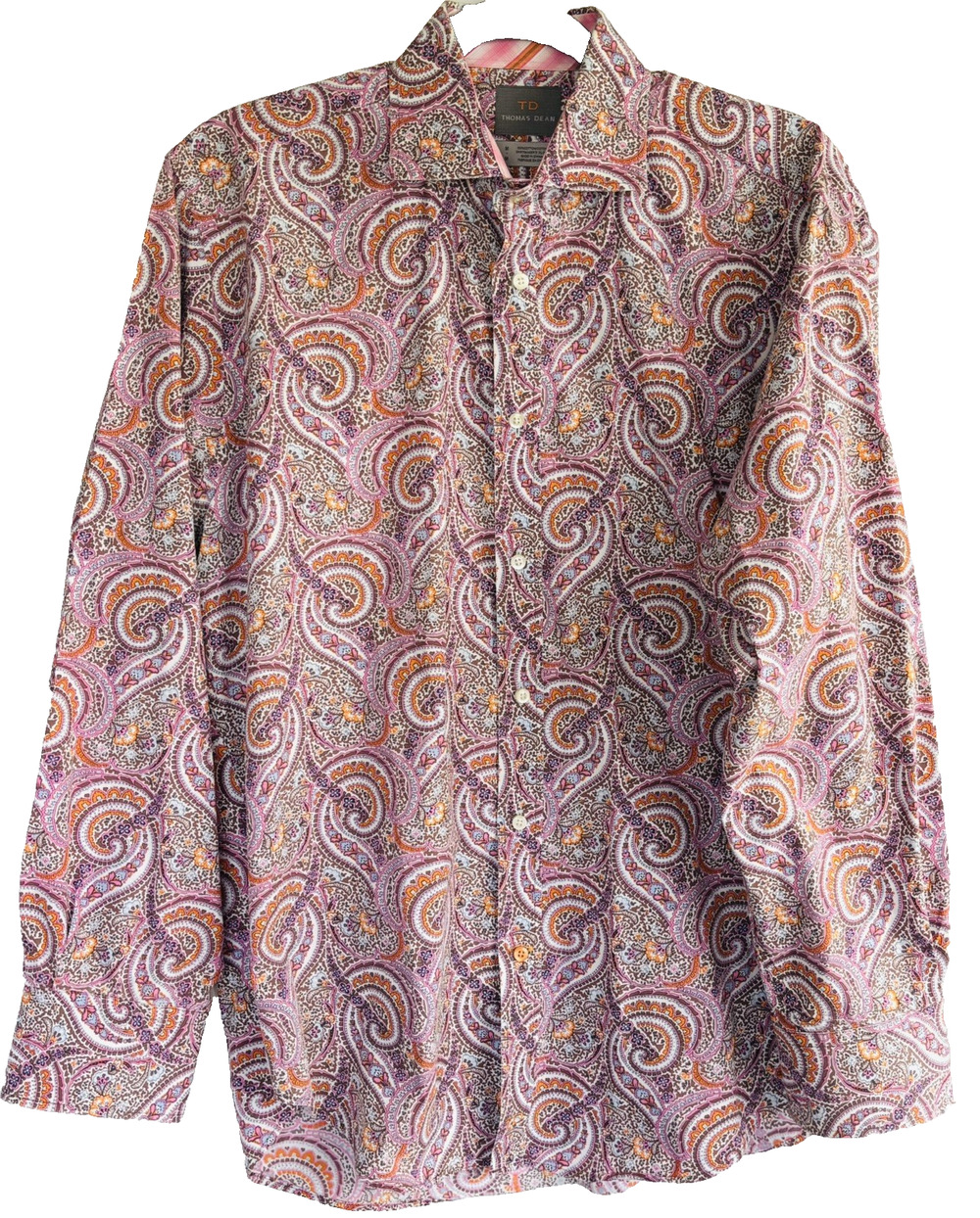 Thomas Dean Orange Lavender Paisley Long Sleeve Button Up Shirt Flip Cuff Size M